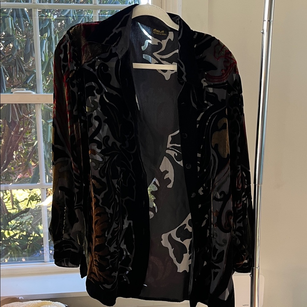 Aria A Vintage Velvet Cut Out Blouse Sz XL with Shoulder pads